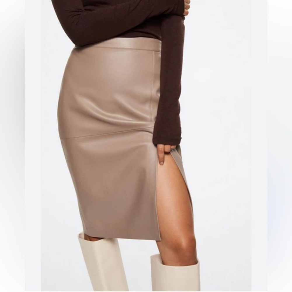Mango Faux Leather Midi Skirt Size 4 – Neutral Beige Slit Skirt